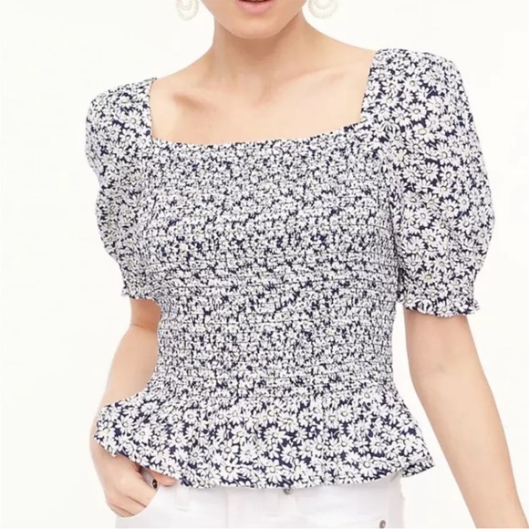 J. Crew Blue & White Floral Daisy Puff-Sleeve Smocked Cropped Peplum Blouse Top - Picture 1 of 9